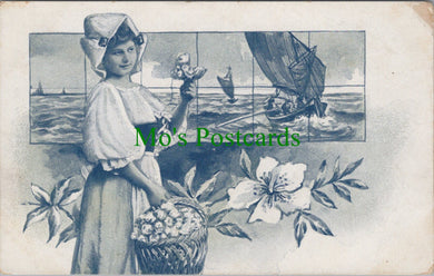 Art Postcard - Lady and a Sailing Boat Scene  SW12718
