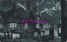 Load image into Gallery viewer, Vintage-style black and white illustration of half-timbered houses at night with a moonlit sky.