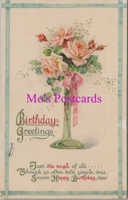 Greetings Postcard - Birthday Greetings - Vase of Roses   DZ88