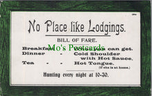 Load image into Gallery viewer, Comic Postcard - No Place Like Lodgings Bill of Fare SW13752