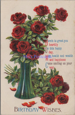 Greetings Postcard - Birthday Wishes. Vase of Red Roses  DZ81