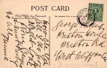 Load image into Gallery viewer, Vintage postcard with handwritten text and a stamp, featuring a green stamp on the top right corner.
