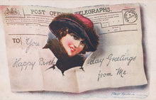 Load image into Gallery viewer, Vintage birthday card with a woman's portrait and text on an old newspaper background
