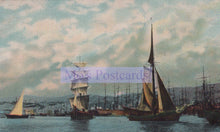 Load image into Gallery viewer, Vintage-style painting of a harbor scene with ships and sailboats.