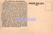 Load image into Gallery viewer, Vintage postcard with text about Royal Albert Hall, West Kensington