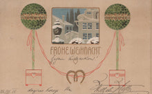 Load image into Gallery viewer, Vintage Christmas card with snowy scene, trees, and 'Frohe Weihnacht' text on a brown background.