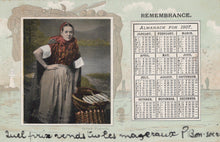 Load image into Gallery viewer, Vintage calendar card with a woman and a calendar for 1907 on a decorative background.