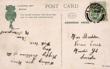 Load image into Gallery viewer, Vintage postcard with handwritten text and a stamp, featuring the 'Lincoln Imp' series.