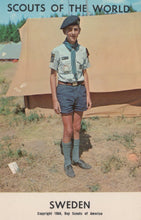 Load image into Gallery viewer, Scout in uniform standing in front of a tent with 'Scouts of the World' and 'Sweden' text.