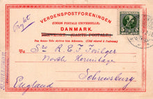 Load image into Gallery viewer, Vintage Danish postal card with red border and postage stamp, addressed to Schleswig, Germany.