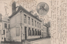 Load image into Gallery viewer, Vintage postcard with a building and portrait, featuring text and a circular image of a person.