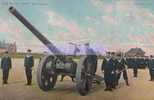 Load image into Gallery viewer, Vintage postcard of a naval gun practice scene with soldiers and a large cannon.