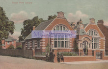 Load image into Gallery viewer, Vintage postcard of a brick building labeled 'Grays Free Library' with trees and people in front.