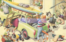 Load image into Gallery viewer, Illustration of cats preparing for a trip with a car, luggage, and surfboards.
