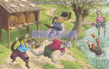 Load image into Gallery viewer, Illustration of cats in a garden with a beehive and a pond.