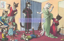Load image into Gallery viewer, Illustration of cats in various poses and outfits with 'Mo's Postcards' branding.