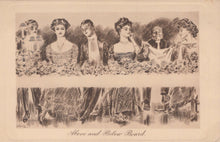 Load image into Gallery viewer, Vintage illustration of women in formal attire with text 'Above and Below Board'.