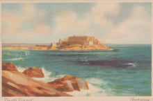 Load image into Gallery viewer, Painting of a coastal scene with a castle on an island, surrounded by water and rocks.
