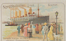 Load image into Gallery viewer, Vintage illustration of a ship with people on a dock, featuring text 'Norddeutscher Lloyd Bremen'.