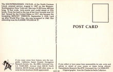 Load image into Gallery viewer, Back of a postcard with text about ocean liner history, featuring a small graphic of a ship.