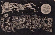 Load image into Gallery viewer, Vintage-style greeting card with collage of faces and decorative text on a dark background