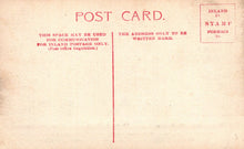 Load image into Gallery viewer, Vintage postcard with red text and stamp information on a beige background