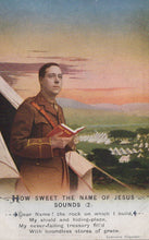 Load image into Gallery viewer, Vintage-style illustration of a soldier with a book, set against a scenic landscape with tents.
