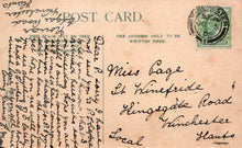 Load image into Gallery viewer, Vintage postcard with handwritten text and a stamp, featuring airmail label.