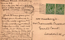 Load image into Gallery viewer, Vintage postcard with handwritten text and postage stamps on a beige background