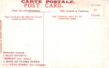 Load image into Gallery viewer, Vintage postcard with red text and stamps on a white background