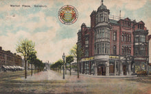 Load image into Gallery viewer, Vintage postcard of Market Place, Salisbury with a prominent building and street scene.