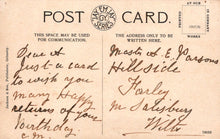 Load image into Gallery viewer, Vintage postcard with handwritten text and a logo at the top