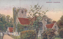 Load image into Gallery viewer, Vintage postcard of Hadley Church with a red roof and stone walls, surrounded by trees and greenery.