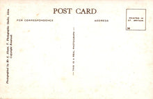 Load image into Gallery viewer, Back of a postcard with text and a small square logo on a beige background