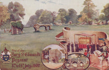 Load image into Gallery viewer, Illustration of a historical pageant scene with people and a horse, set against a landscape with trees and a stone archway.