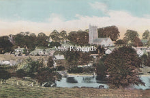 Load image into Gallery viewer, Vintage postcard of a village with a church and pond, labeled 'Mo's Postcards'.