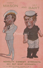 Load image into Gallery viewer, Cartoon of two men labeled 'Harry Mason' and 'Lily Bart' on a pink background, with text about novelty comedy gymnasts.