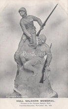 Load image into Gallery viewer, Statue of two soldiers with rifles on a postcard labeled 'Hull Soldiers Memorial'.