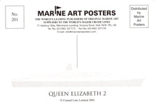 Load image into Gallery viewer, Marine Art Posters branded card with 'Queen Elizabeth 2' and contact information.