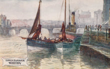 Load image into Gallery viewer, Painting of a harbor scene with boats and people, featuring the text 'Lower Harbour Whitby'.