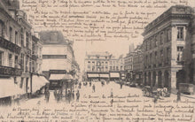 Load image into Gallery viewer, Vintage street scene with pedestrians and buildings, overlaid with handwritten text.