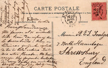 Load image into Gallery viewer, Vintage postcard with text and postage stamp, addressed to Shrewsbury, England