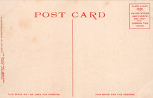 Load image into Gallery viewer, Vintage postcard with red text and stamp placeholder on beige background