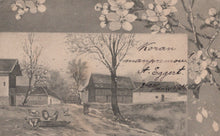 Load image into Gallery viewer, Vintage-style illustration of a rural scene with buildings and trees, overlaid with floral elements and text.