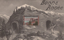 Load image into Gallery viewer, Vintage New Year's card with a mountain scene and text 'Bonne Année'.
