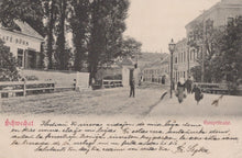 Load image into Gallery viewer, Vintage street scene with pedestrians and a building labeled 'Café Böhm' on a postcard.