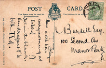 Load image into Gallery viewer, Vintage postcard with text and stamps on a brown background