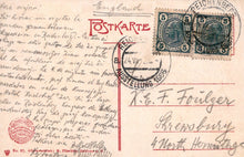 Load image into Gallery viewer, Vintage postcard with stamps and text, featuring a red 'POSTKARTE' stamp.