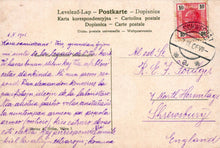 Load image into Gallery viewer, Vintage postcard with text and postage stamp, featuring a black stamp and red postmark.
