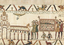 Load image into Gallery viewer, Detail from the Bayeux Tapestry showing a scene with people around a body, with text above.